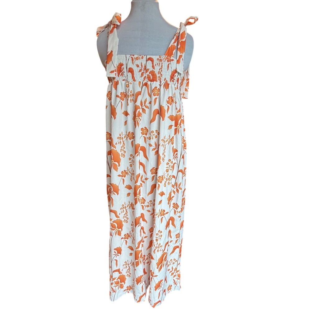 Floral Smocked Tie Shoulder Maxi Dress Orange White Summer Sun Dress W Medium